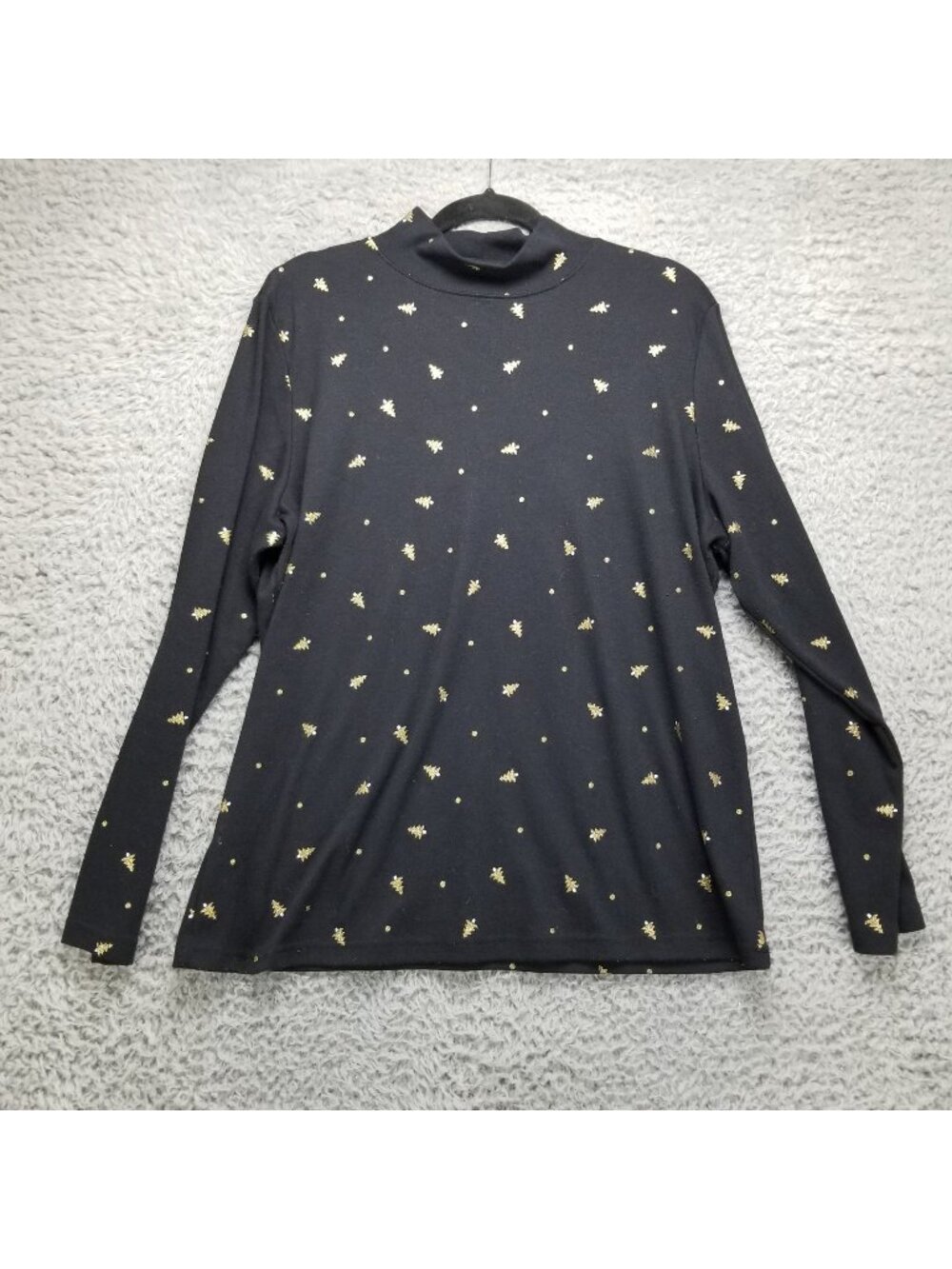 Karen Scott Shirt Womens 1X Black & Gold Christmas Tree Long Sleeve Mock Neck